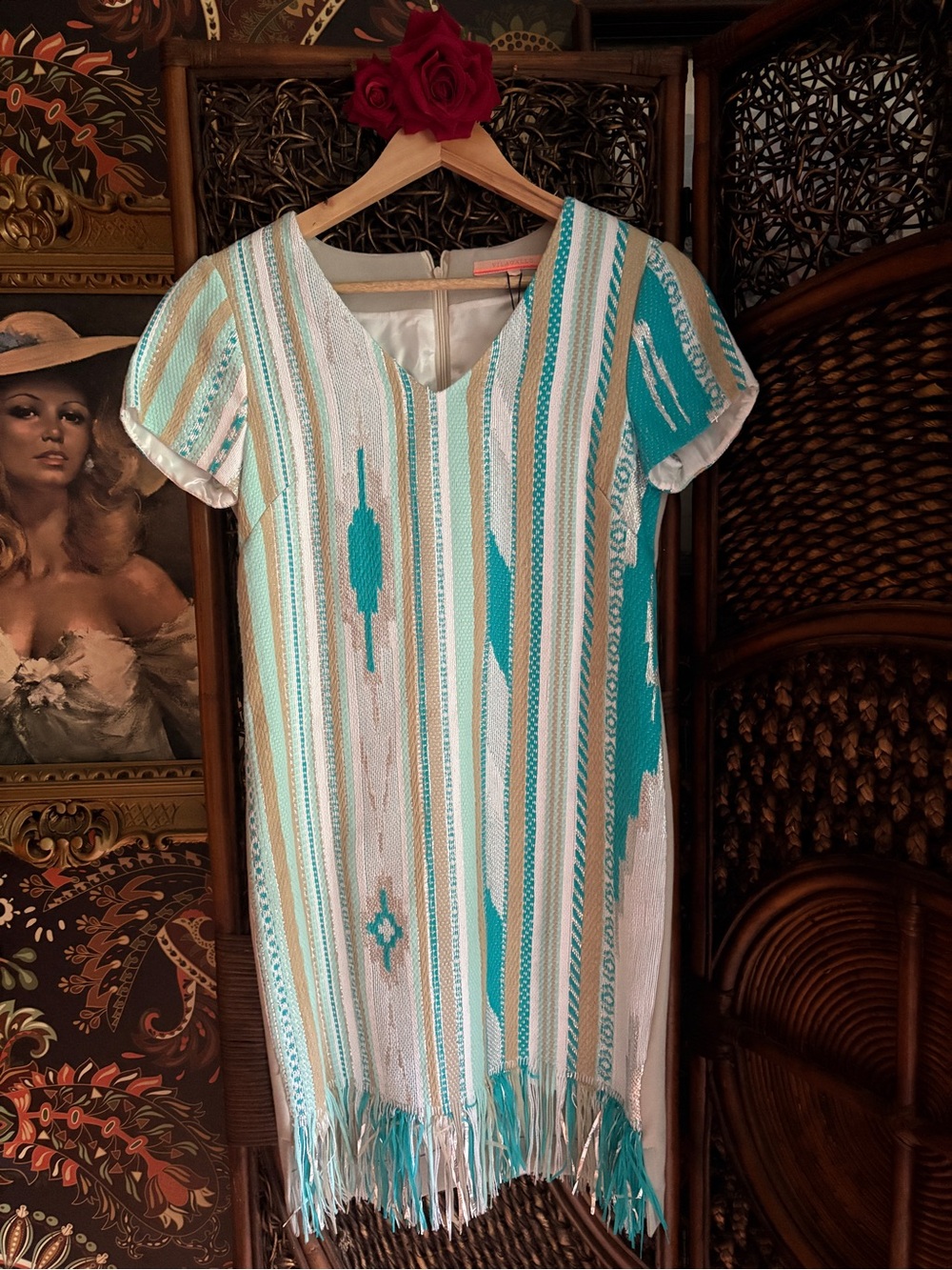 Vilagallo Turquoise Metallic Woven Fringe Shift Dress Boho Western NWT $253 Sz M